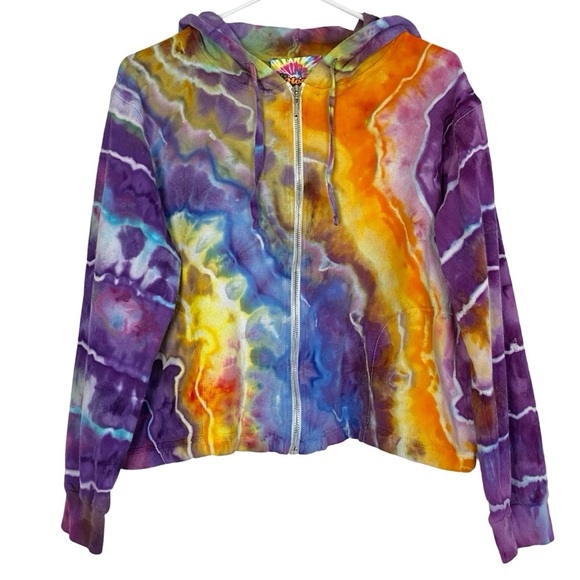 Handmade Geode Tie Dye Thermal Hoodie Womens Size Large Full Zip Colorful Pocket - Picture 1 of 12